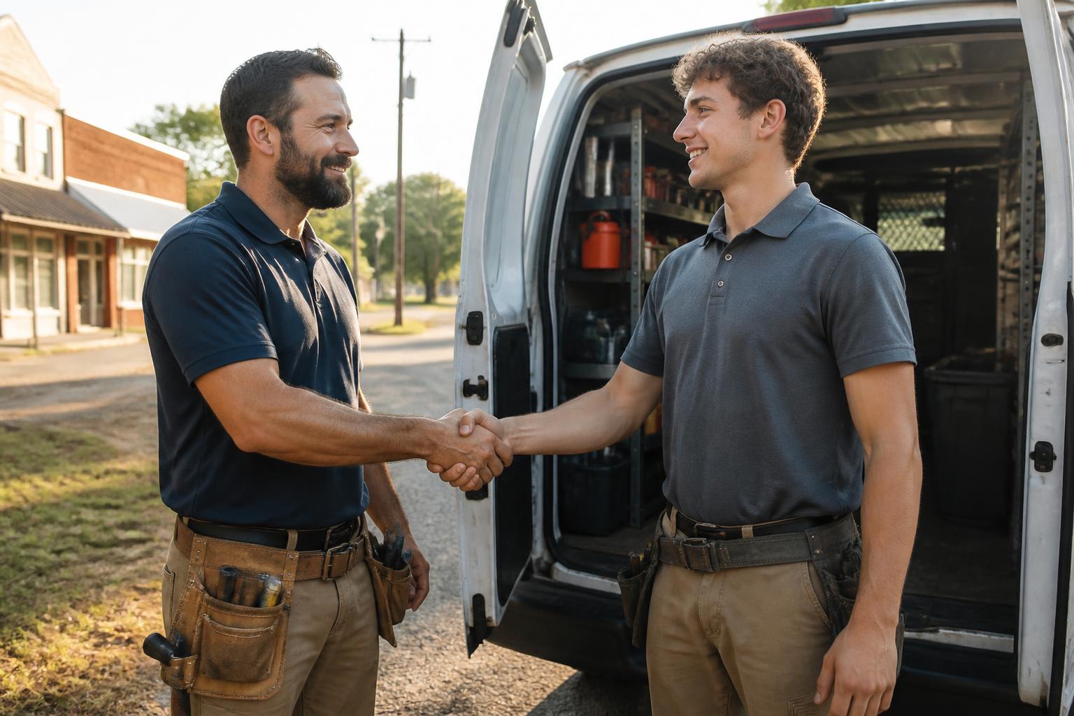Solo Social Circle contractor shaking hands with his first new hire in front of a work van
