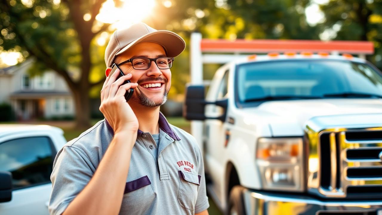 Contractor answering a lead call next to a work truck in a Metro Atlanta neighborhood