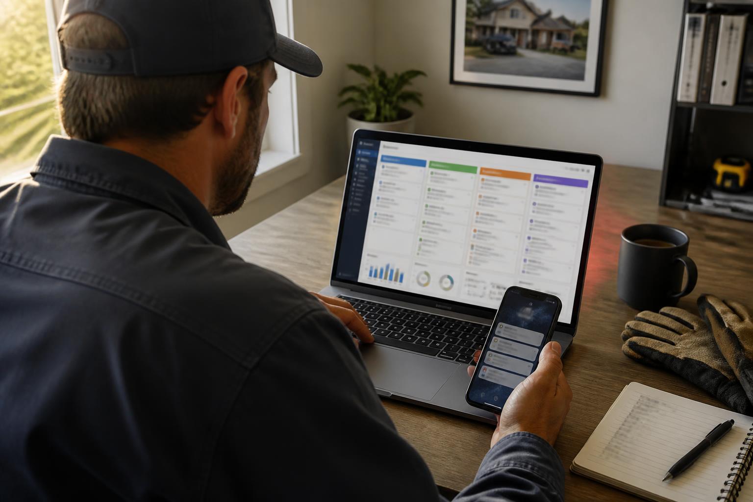 Solo contractor at a home office reviewing a CRM pipeline on a laptop with lead notifications on his phone