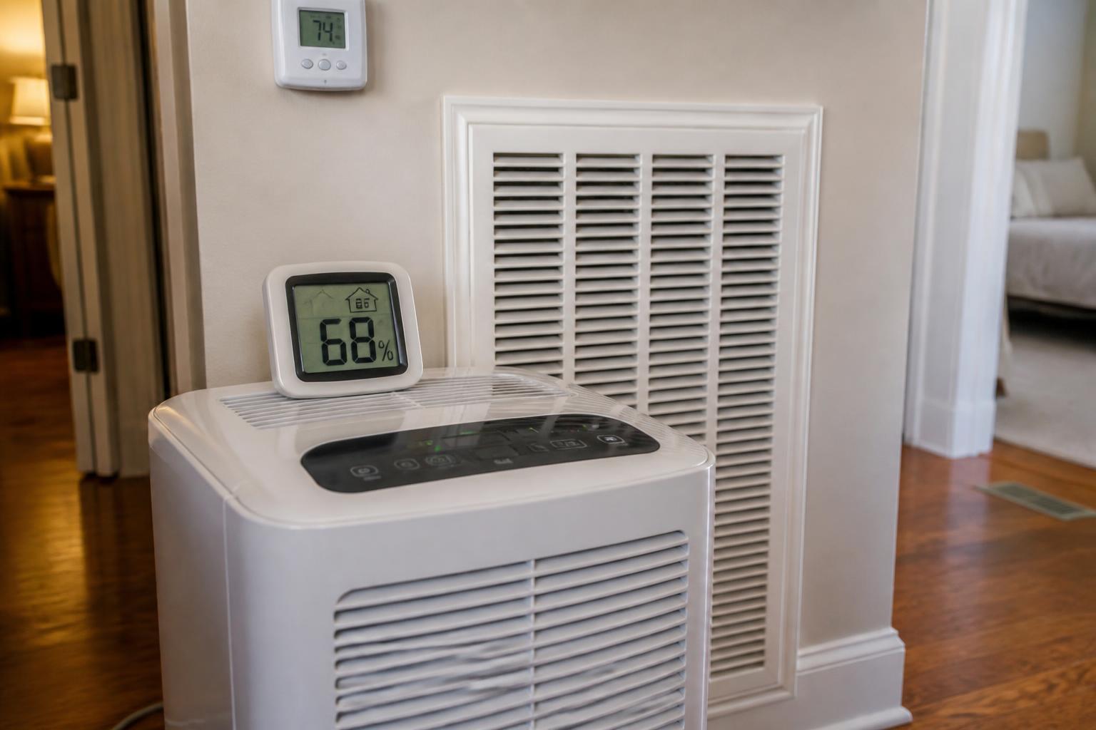 A dehumidifier reading 68 percent indoor humidity next to an HVAC return vent in a Georgia home hallway