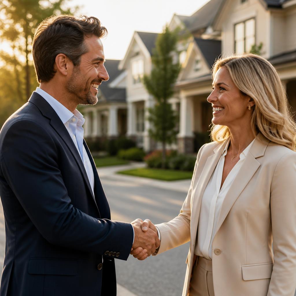 Two Market Partners shaking hands in front of suburban homes
